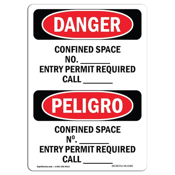 OSHA, Confined Space Permit Required Bilingual, 18in X 12in Rigid Plastic, OS-DS-P-1218-VS-1080